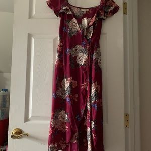 Burgundy Floral Wrap Dress with Flutter Sleeves